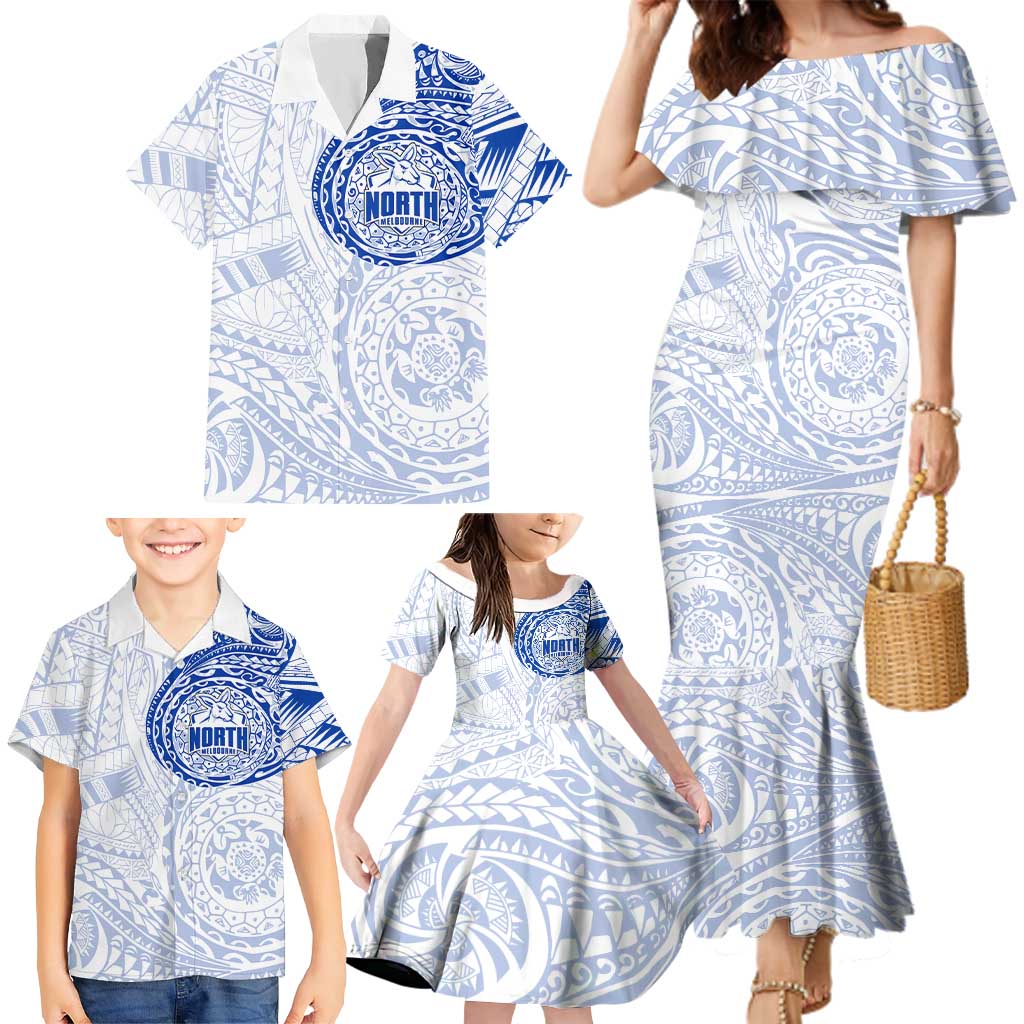 Personalized North Melbourne Kangaroos Polynesian Family Matching Mermaid Dress and Hawaiian Shirt Tribal Chest and Sleeve Tattoo Heritage Warrior
