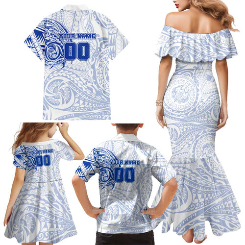 Personalized North Melbourne Kangaroos Polynesian Family Matching Mermaid Dress and Hawaiian Shirt Tribal Chest and Sleeve Tattoo Heritage Warrior