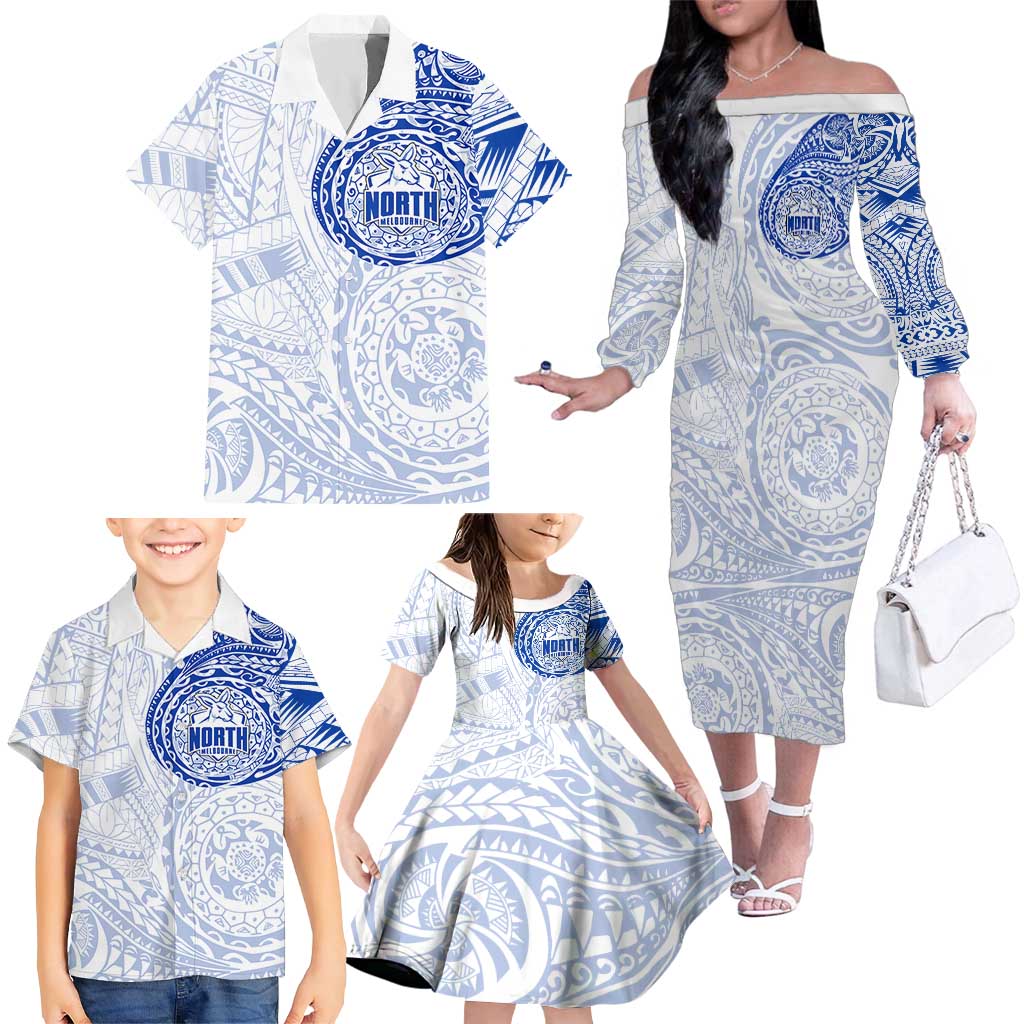 Personalized North Melbourne Kangaroos Polynesian Family Matching Off The Shoulder Long Sleeve Dress and Hawaiian Shirt Tribal Chest and Sleeve Tattoo Heritage Warrior