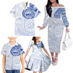 Personalized North Melbourne Kangaroos Polynesian Family Matching Off The Shoulder Long Sleeve Dress and Hawaiian Shirt Tribal Chest and Sleeve Tattoo Heritage Warrior