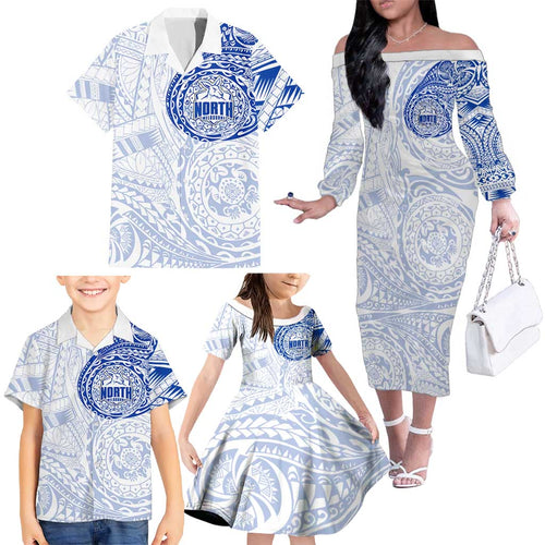 Personalized North Melbourne Kangaroos Polynesian Family Matching Off The Shoulder Long Sleeve Dress and Hawaiian Shirt Tribal Chest and Sleeve Tattoo Heritage Warrior