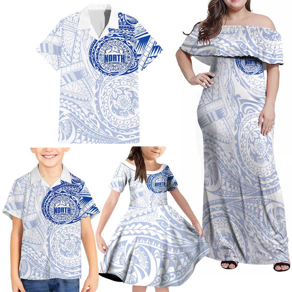 Personalized North Melbourne Kangaroos Polynesian Family Matching Off Shoulder Maxi Dress and Hawaiian Shirt Tribal Chest and Sleeve Tattoo Heritage Warrior