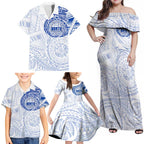 Personalized North Melbourne Kangaroos Polynesian Family Matching Off Shoulder Maxi Dress and Hawaiian Shirt Tribal Chest and Sleeve Tattoo Heritage Warrior