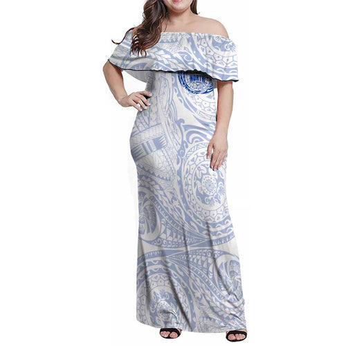 Personalized North Melbourne Kangaroos Polynesian Family Matching Off Shoulder Maxi Dress and Hawaiian Shirt Tribal Chest and Sleeve Tattoo Heritage Warrior