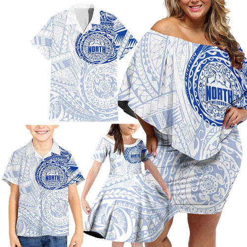 Personalized North Melbourne Kangaroos Polynesian Family Matching Off Shoulder Short Dress and Hawaiian Shirt Tribal Chest and Sleeve Tattoo Heritage Warrior