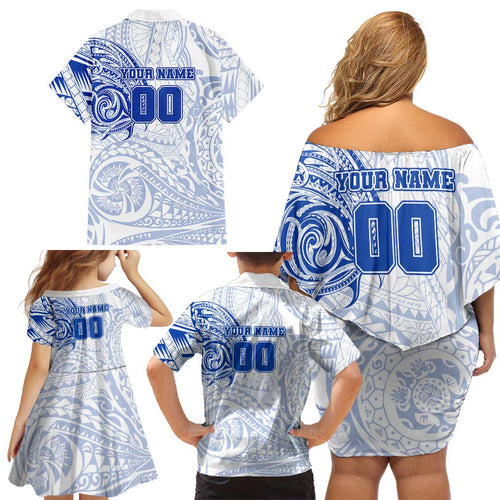 Personalized North Melbourne Kangaroos Polynesian Family Matching Off Shoulder Short Dress and Hawaiian Shirt Tribal Chest and Sleeve Tattoo Heritage Warrior