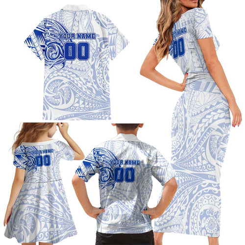 Personalized North Melbourne Kangaroos Polynesian Family Matching Short Sleeve Bodycon Dress and Hawaiian Shirt Tribal Chest and Sleeve Tattoo Heritage Warrior