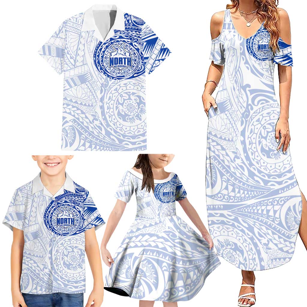Personalized North Melbourne Kangaroos Polynesian Family Matching Summer Maxi Dress and Hawaiian Shirt Tribal Chest and Sleeve Tattoo Heritage Warrior