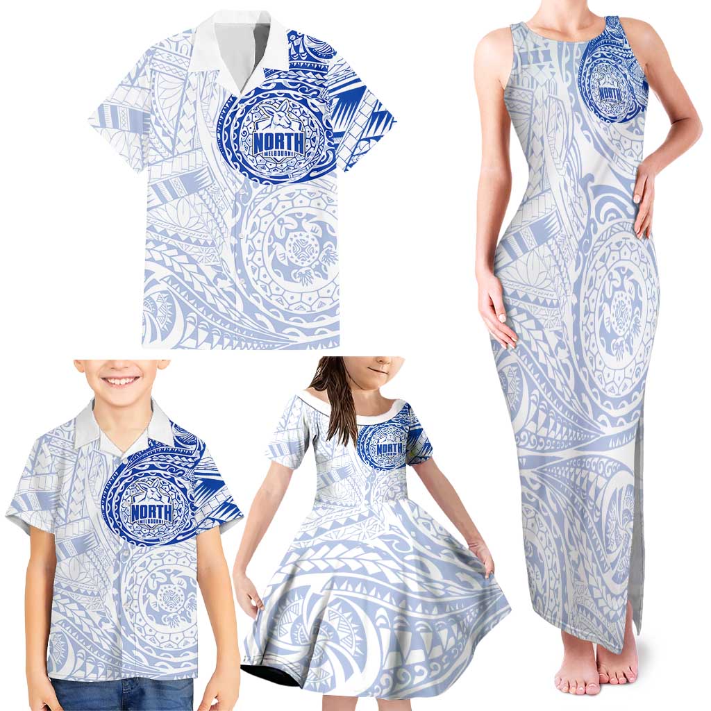 Personalized North Melbourne Kangaroos Polynesian Family Matching Tank Maxi Dress and Hawaiian Shirt Tribal Chest and Sleeve Tattoo Heritage Warrior