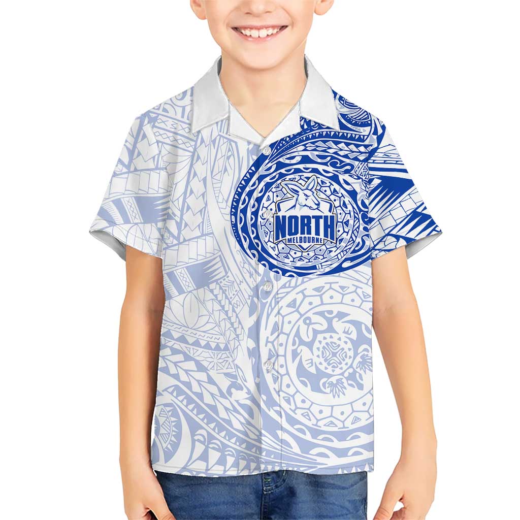 Personalized North Melbourne Kangaroos Polynesian Kid Hawaiian Shirt Tribal Chest and Sleeve Tattoo Heritage Warrior
