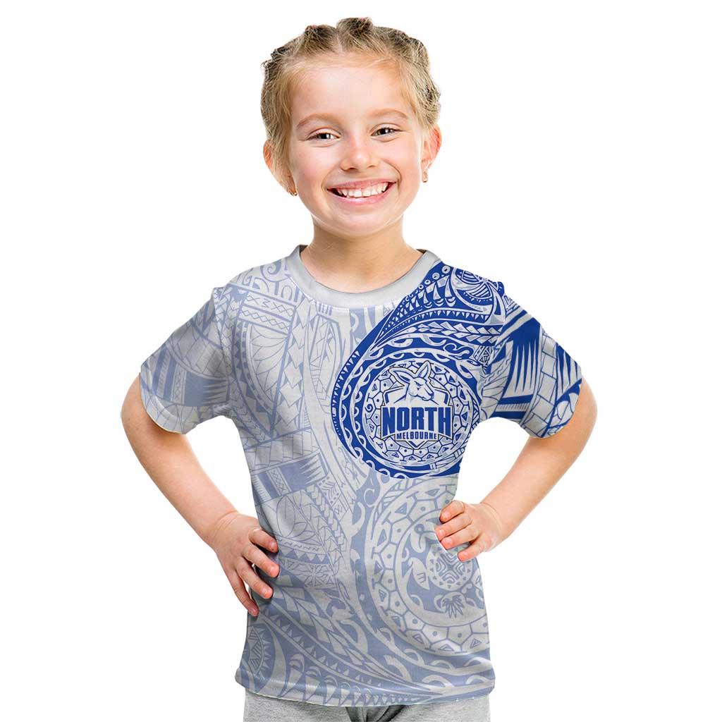 Personalized North Melbourne Kangaroos Polynesian Kid T Shirt Tribal Chest and Sleeve Tattoo Heritage Warrior