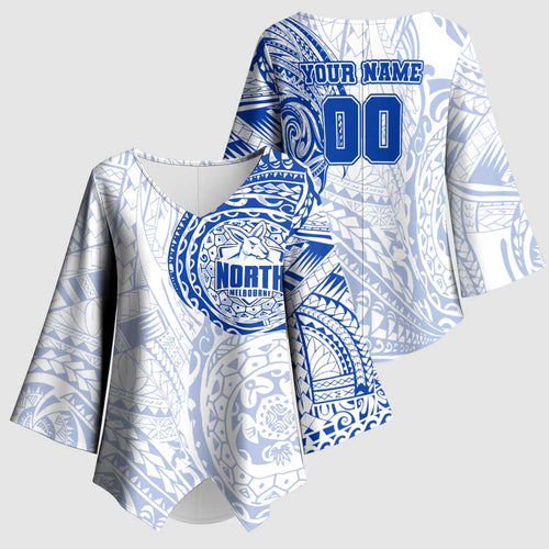 Personalized North Melbourne Kangaroos Polynesian Kimono Sleeve Blouse Tribal Chest and Sleeve Tattoo Heritage Warrior