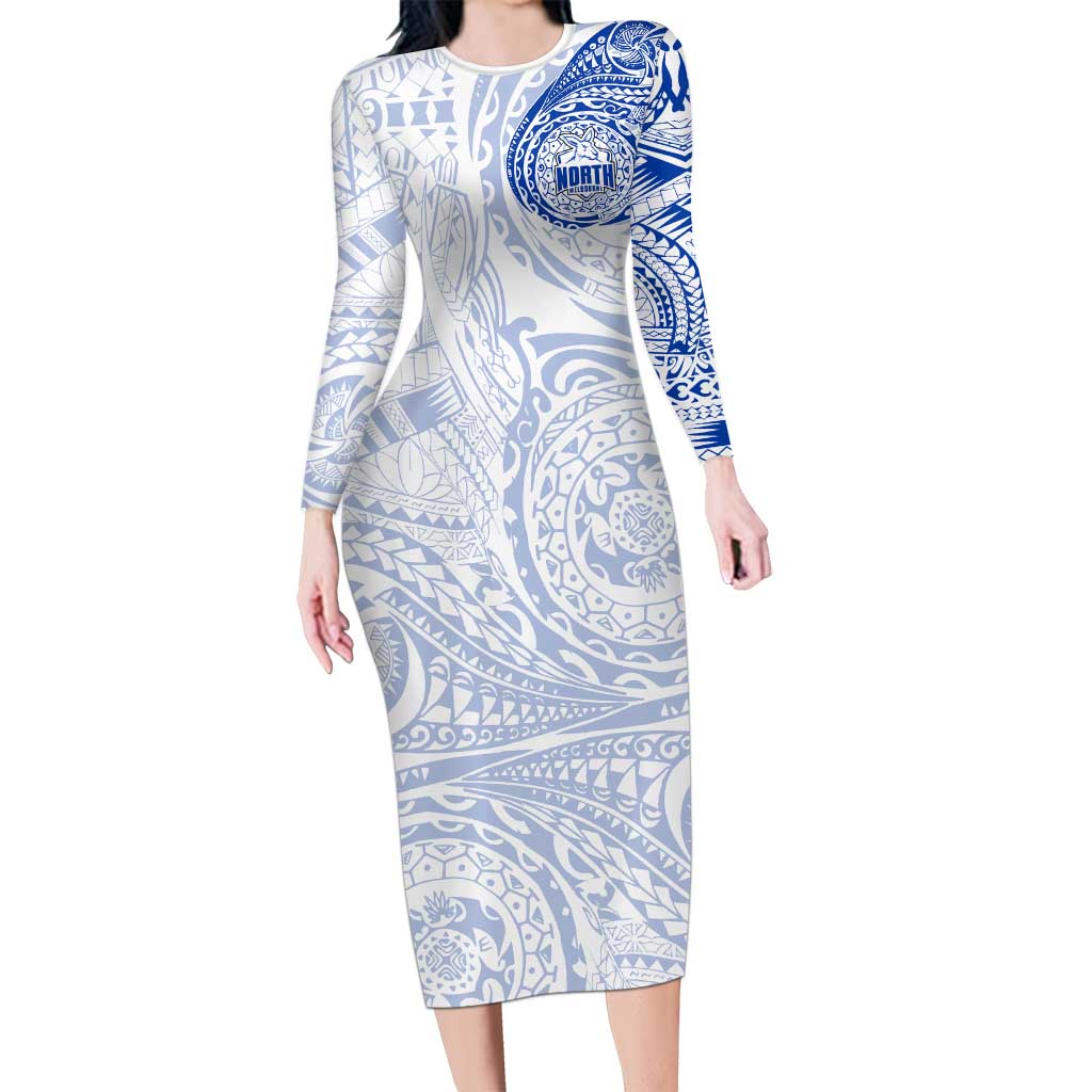 Personalized North Melbourne Kangaroos Polynesian Long Sleeve Bodycon Dress Tribal Chest and Sleeve Tattoo Heritage Warrior