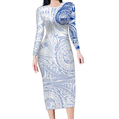 Personalized North Melbourne Kangaroos Polynesian Long Sleeve Bodycon Dress Tribal Chest and Sleeve Tattoo Heritage Warrior