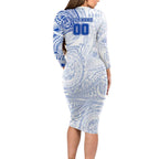 Personalized North Melbourne Kangaroos Polynesian Long Sleeve Bodycon Dress Tribal Chest and Sleeve Tattoo Heritage Warrior