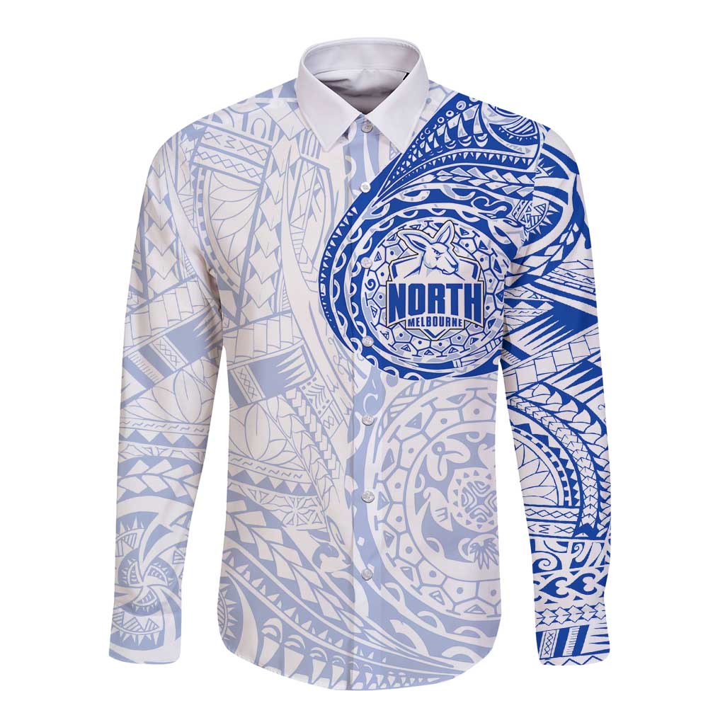 Personalized North Melbourne Kangaroos Polynesian Long Sleeve Button Shirt Tribal Chest and Sleeve Tattoo Heritage Warrior