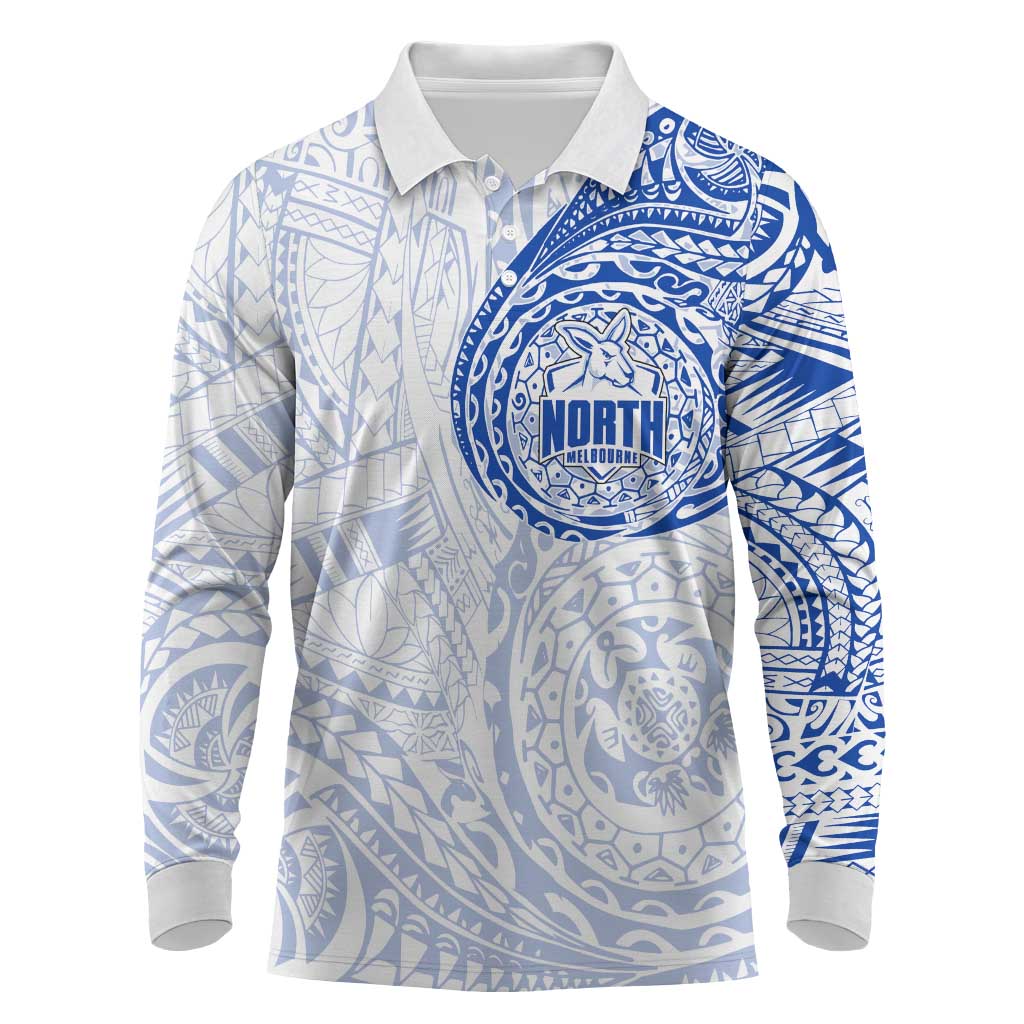 Personalized North Melbourne Kangaroos Polynesian Long Sleeve Polo Shirt Tribal Chest and Sleeve Tattoo Heritage Warrior