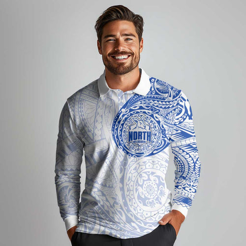 Personalized North Melbourne Kangaroos Polynesian Long Sleeve Polo Shirt Tribal Chest and Sleeve Tattoo Heritage Warrior
