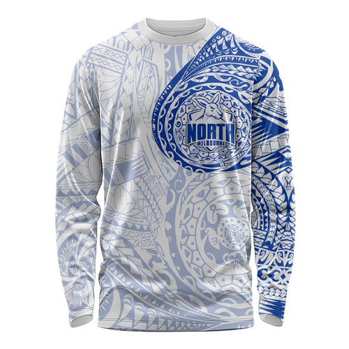 Personalized North Melbourne Kangaroos Polynesian Long Sleeve Shirt Tribal Chest and Sleeve Tattoo Heritage Warrior