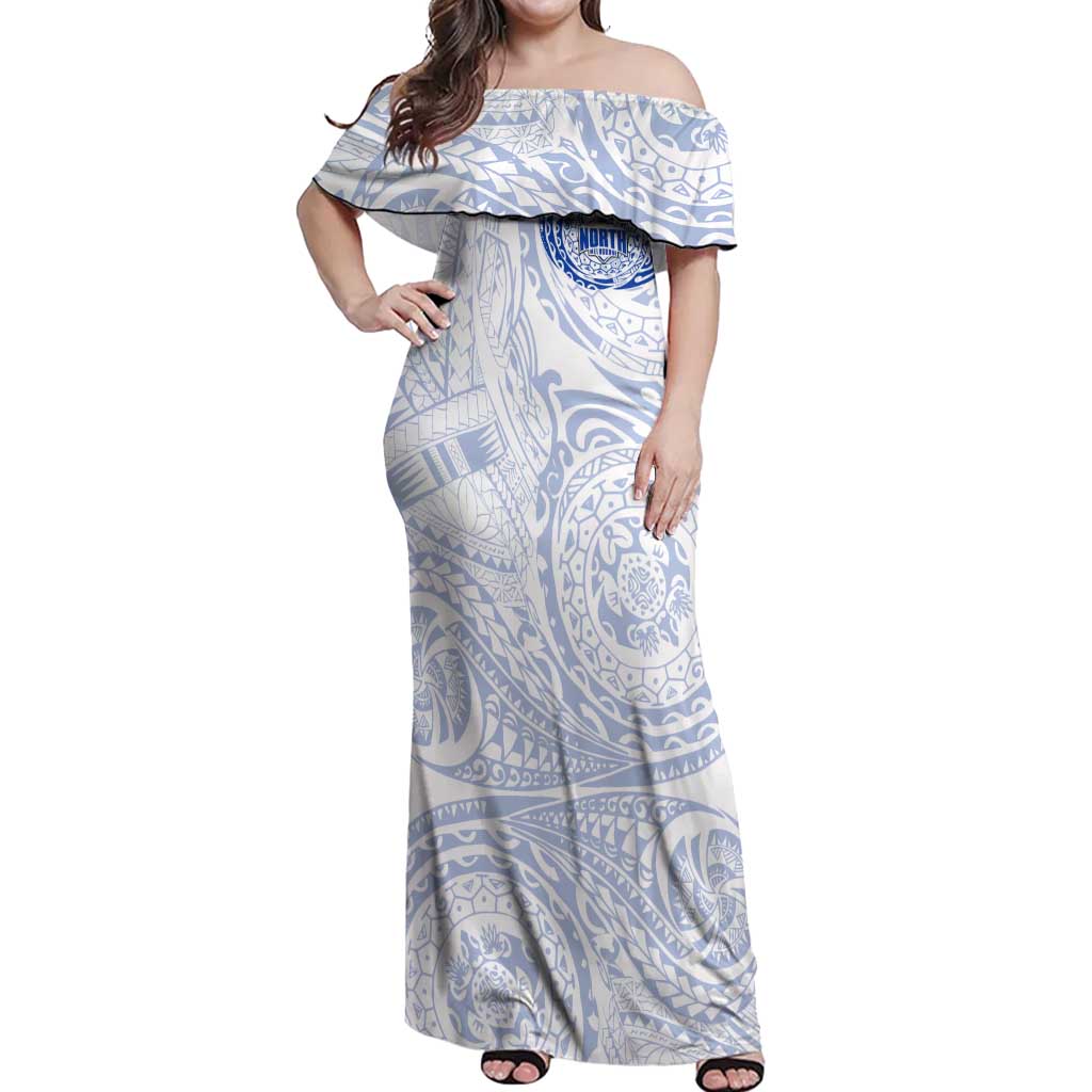 Personalized North Melbourne Kangaroos Polynesian Off Shoulder Maxi Dress Tribal Chest and Sleeve Tattoo Heritage Warrior
