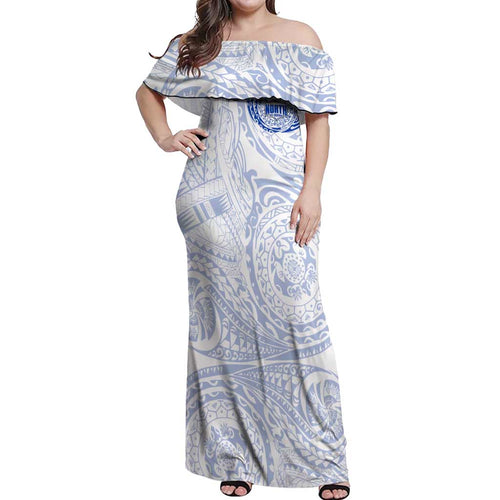 Personalized North Melbourne Kangaroos Polynesian Off Shoulder Maxi Dress Tribal Chest and Sleeve Tattoo Heritage Warrior