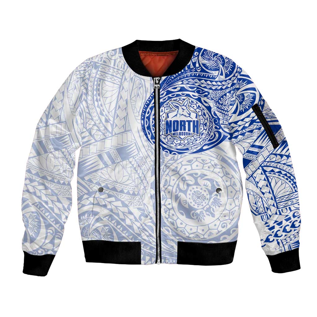 Personalized North Melbourne Kangaroos Polynesian Sleeve Zip Bomber Jacket Tribal Chest and Sleeve Tattoo Heritage Warrior