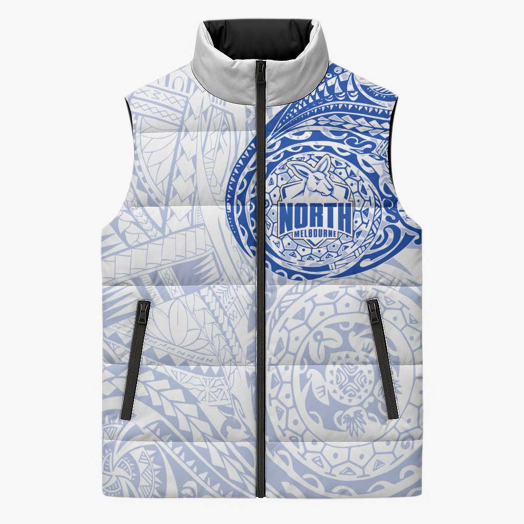 Personalized North Melbourne Kangaroos Polynesian Sleeveless Puffer Jacket Tribal Chest and Sleeve Tattoo Heritage Warrior