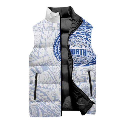 Personalized North Melbourne Kangaroos Polynesian Sleeveless Puffer Jacket Tribal Chest and Sleeve Tattoo Heritage Warrior