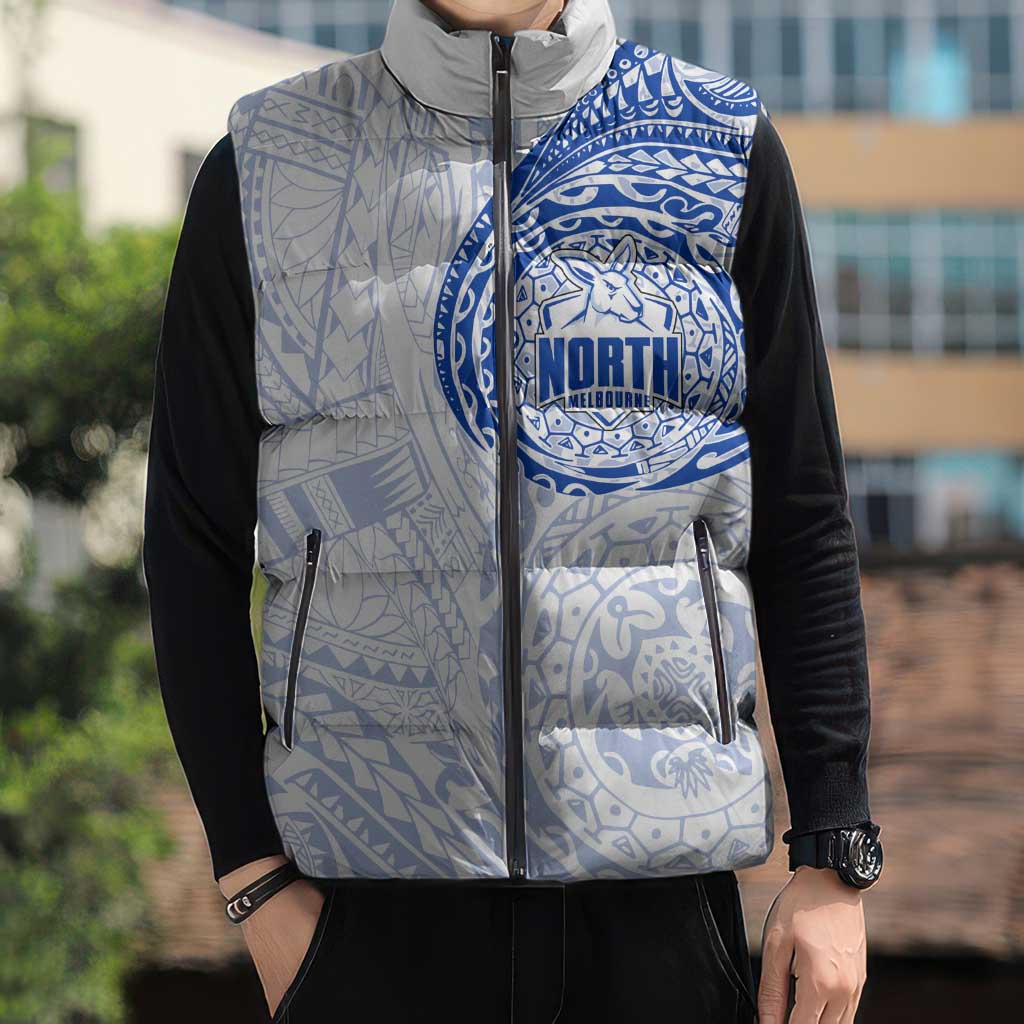 Personalized North Melbourne Kangaroos Polynesian Sleeveless Puffer Jacket Tribal Chest and Sleeve Tattoo Heritage Warrior