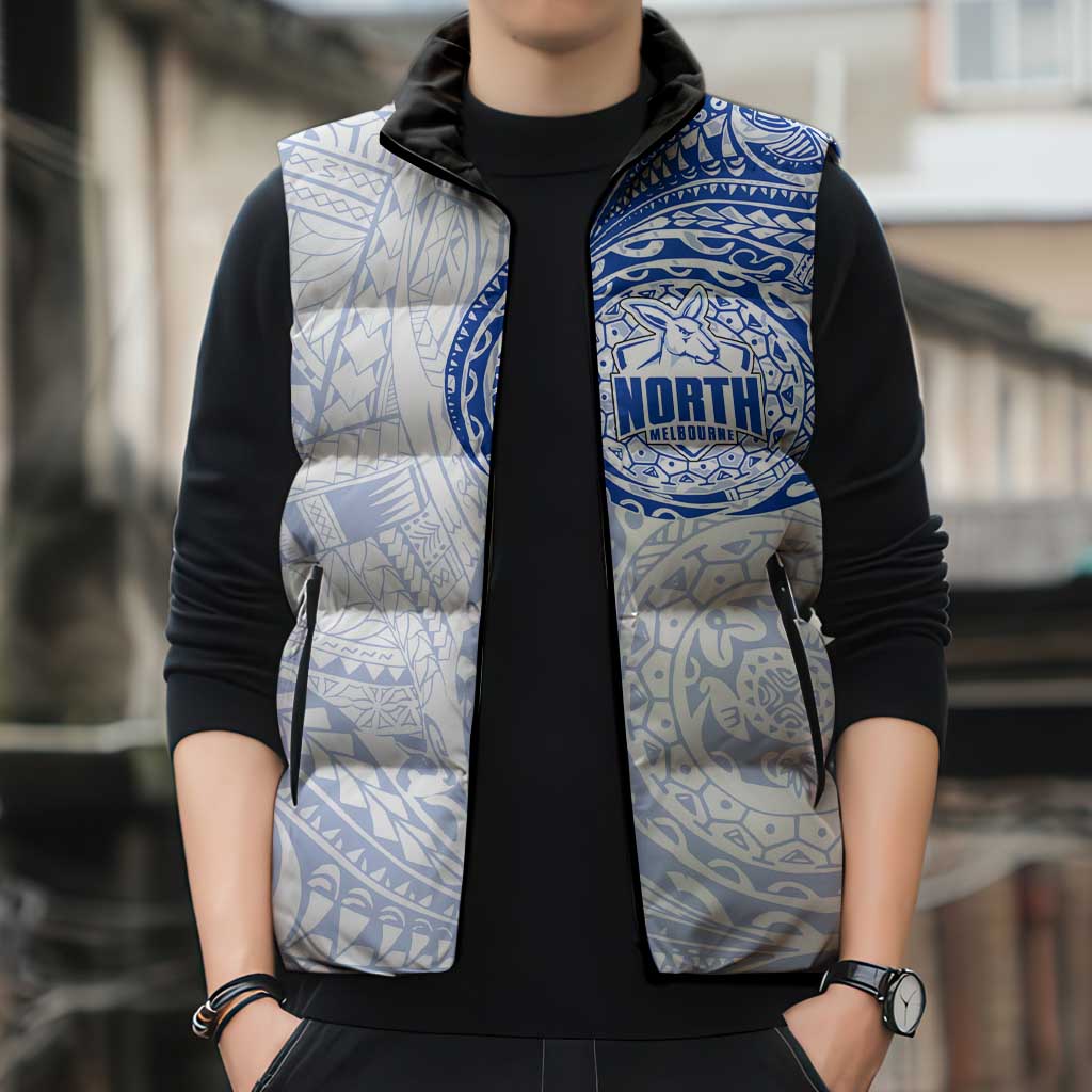 Personalized North Melbourne Kangaroos Polynesian Sleeveless Puffer Jacket Tribal Chest and Sleeve Tattoo Heritage Warrior