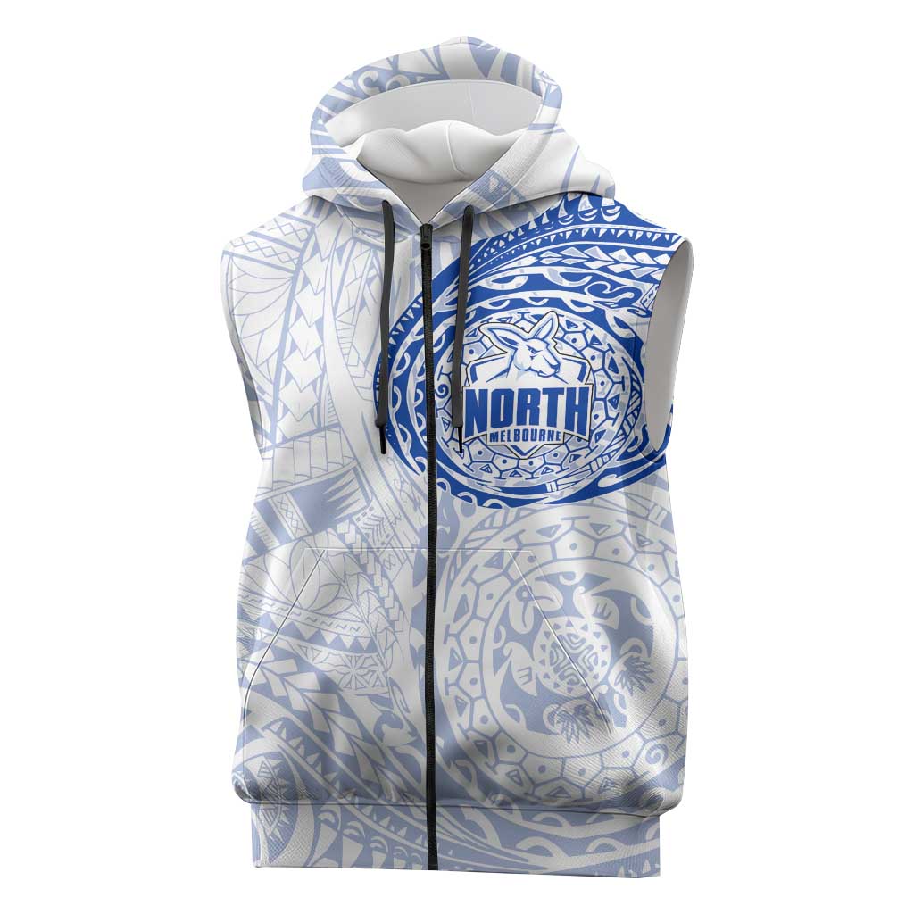 Personalized North Melbourne Kangaroos Polynesian Sleeveless Zip Hoodie Tribal Chest and Sleeve Tattoo Heritage Warrior