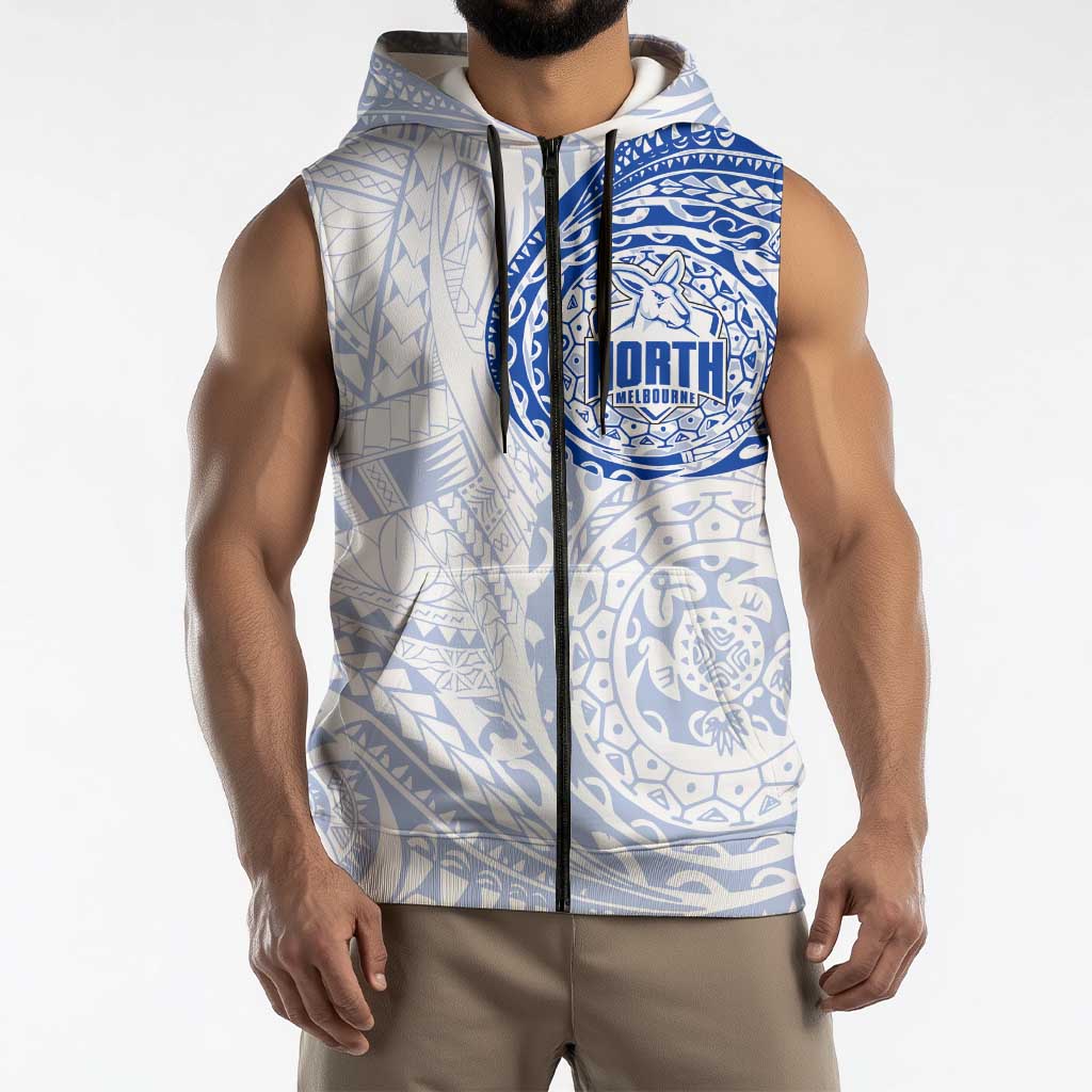 Personalized North Melbourne Kangaroos Polynesian Sleeveless Zip Hoodie Tribal Chest and Sleeve Tattoo Heritage Warrior