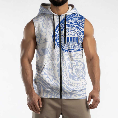 Personalized North Melbourne Kangaroos Polynesian Sleeveless Zip Hoodie Tribal Chest and Sleeve Tattoo Heritage Warrior