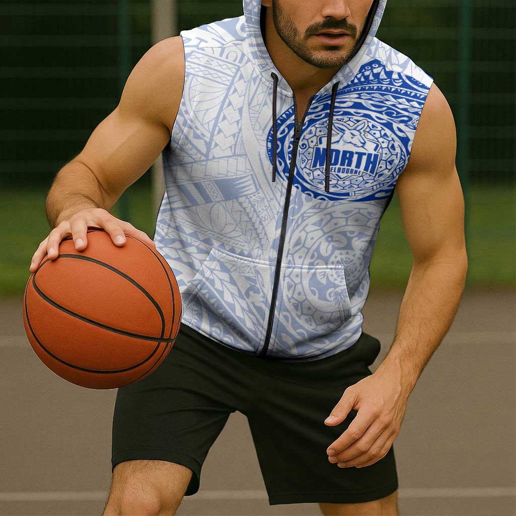Personalized North Melbourne Kangaroos Polynesian Sleeveless Zip Hoodie Tribal Chest and Sleeve Tattoo Heritage Warrior