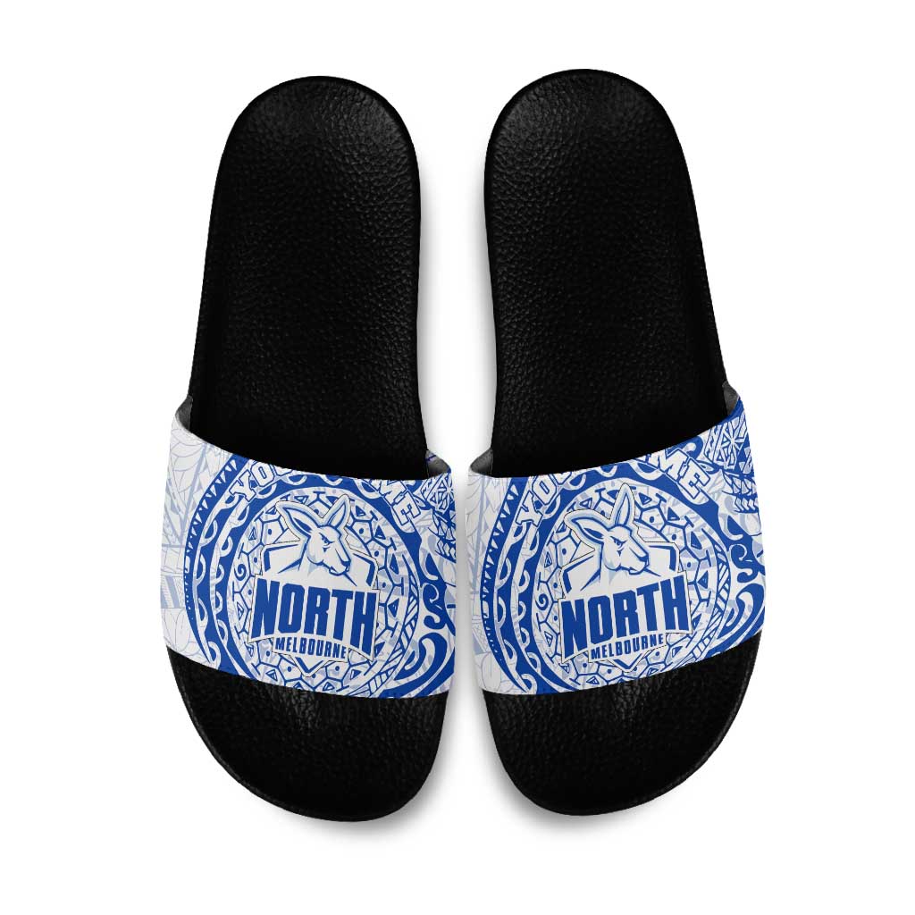Personalized North Melbourne Kangaroos Polynesian Slide Sandals Tribal Chest and Sleeve Tattoo Heritage Warrior