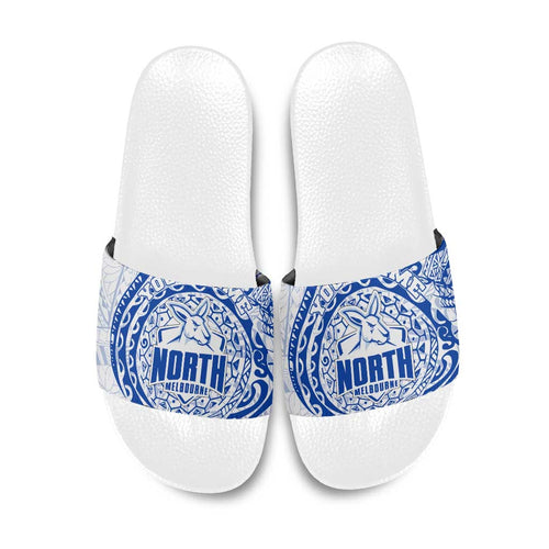 Personalized North Melbourne Kangaroos Polynesian Slide Sandals Tribal Chest and Sleeve Tattoo Heritage Warrior