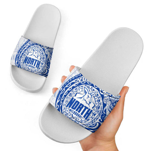 Personalized North Melbourne Kangaroos Polynesian Slide Sandals Tribal Chest and Sleeve Tattoo Heritage Warrior
