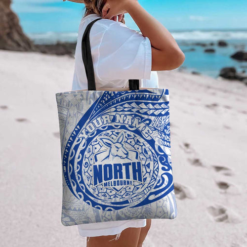 Personalized North Melbourne Kangaroos Polynesian Tote Bag Tribal Chest and Sleeve Tattoo Heritage Warrior
