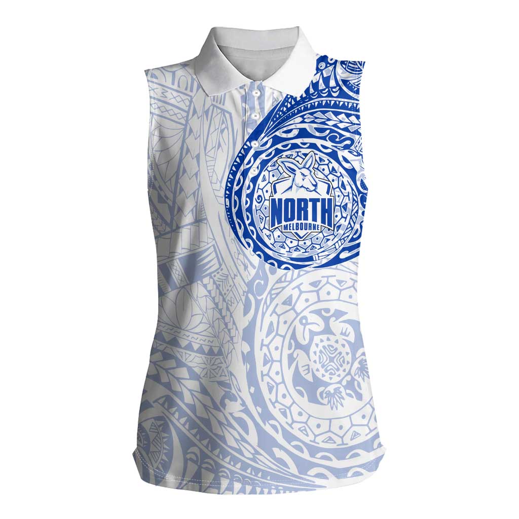 Personalized North Melbourne Kangaroos Polynesian Women Sleeveless Polo Shirt Tribal Chest and Sleeve Tattoo Heritage Warrior