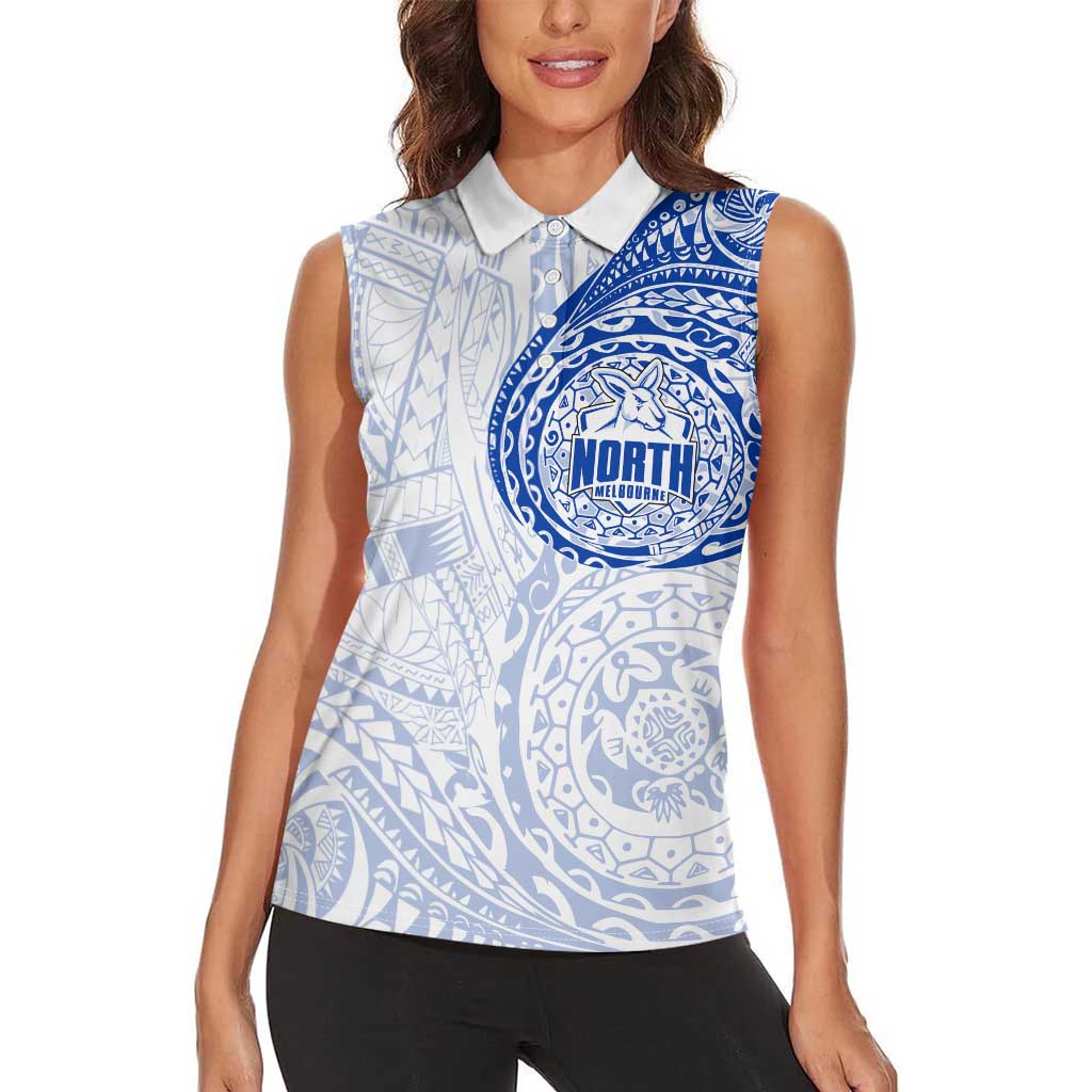 Personalized North Melbourne Kangaroos Polynesian Women Sleeveless Polo Shirt Tribal Chest and Sleeve Tattoo Heritage Warrior