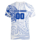 Personalized North Melbourne Kangaroos Polynesian Women V-Neck T-Shirt Tribal Chest and Sleeve Tattoo Heritage Warrior
