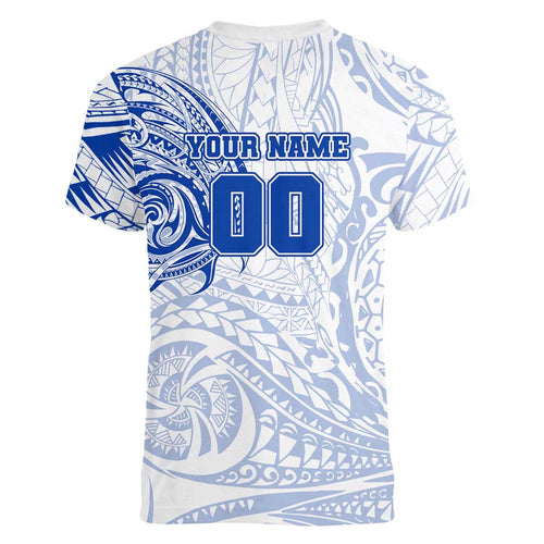 Personalized North Melbourne Kangaroos Polynesian Women V-Neck T-Shirt Tribal Chest and Sleeve Tattoo Heritage Warrior