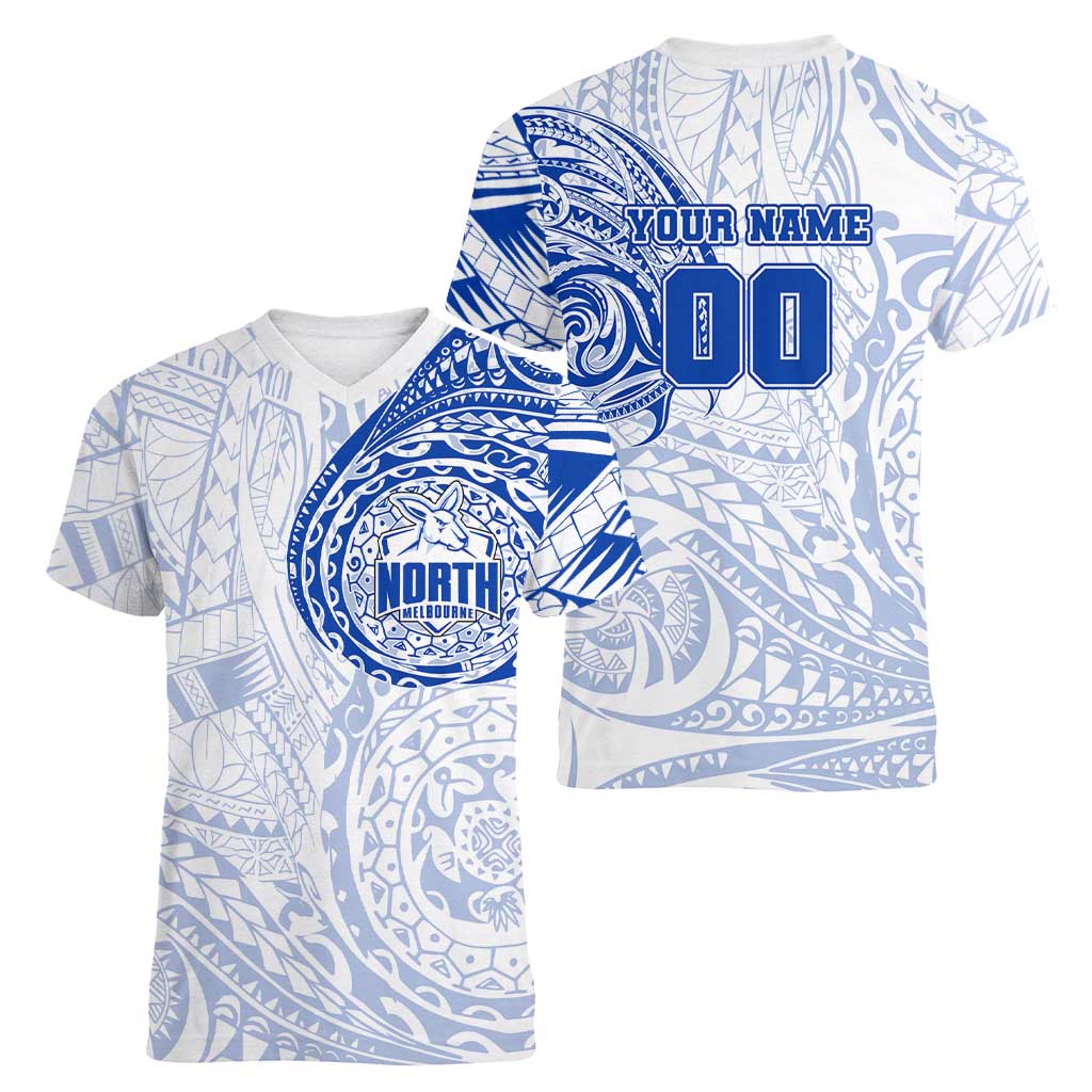 Personalized North Melbourne Kangaroos Polynesian Women V-Neck T-Shirt Tribal Chest and Sleeve Tattoo Heritage Warrior