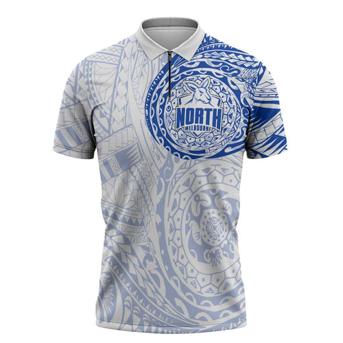 Personalized North Melbourne Kangaroos Polynesian Zipper Polo Shirt Tribal Chest and Sleeve Tattoo Heritage Warrior