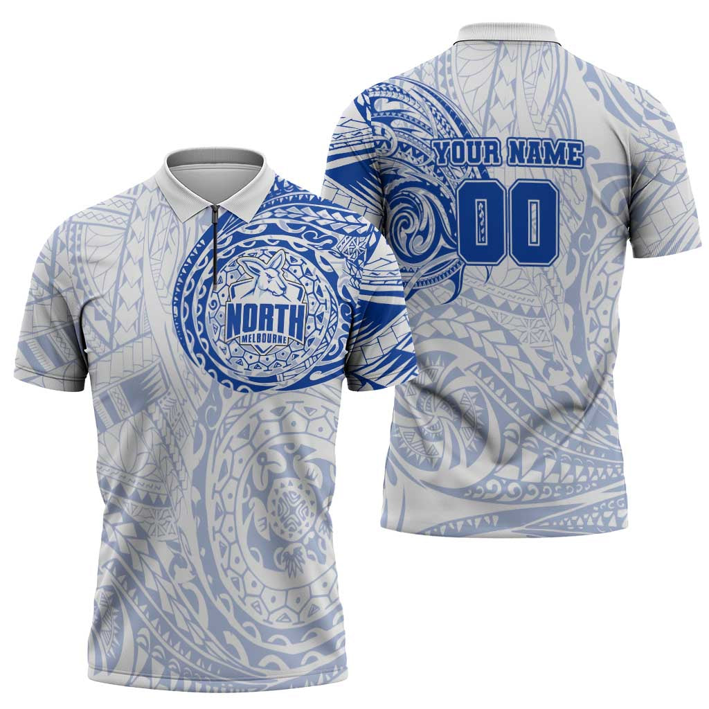 Personalized North Melbourne Kangaroos Polynesian Zipper Polo Shirt Tribal Chest and Sleeve Tattoo Heritage Warrior