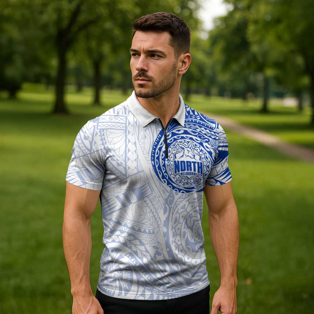 Personalized North Melbourne Kangaroos Polynesian Zipper Polo Shirt Tribal Chest and Sleeve Tattoo Heritage Warrior