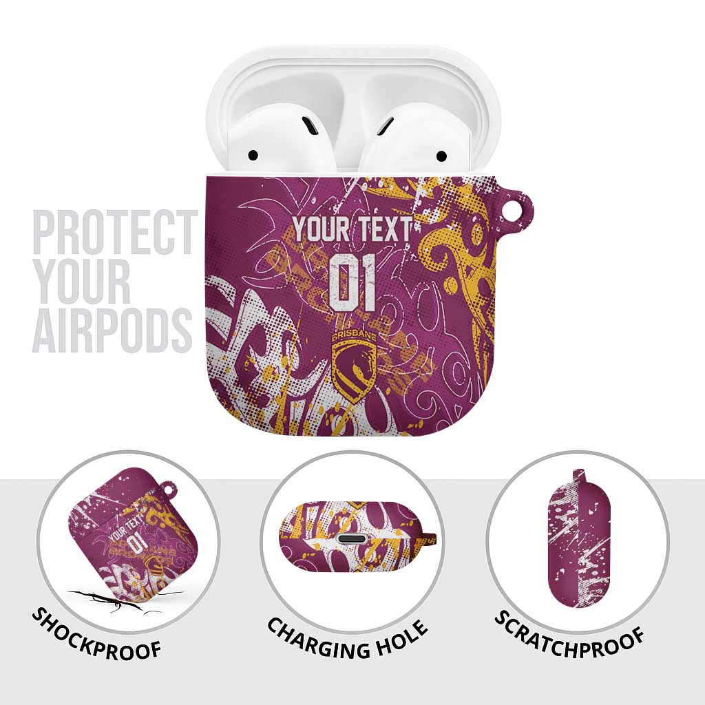 Personalized Brisbane Broncos Rugby AirPods Case Urban Street Graffiti Style - Distressed Splatter Elements