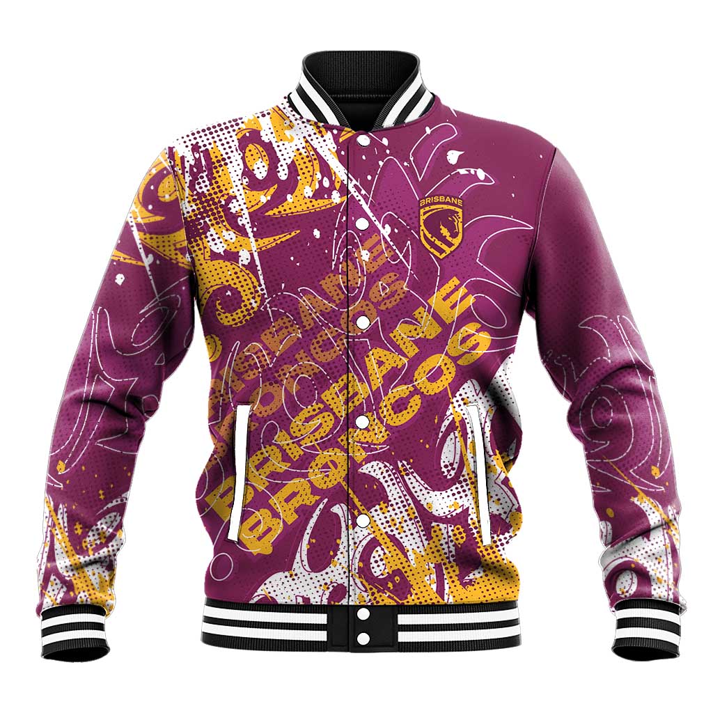Personalized Brisbane Broncos Rugby Baseball Jacket Urban Street Graffiti Style - Distressed Splatter Elements