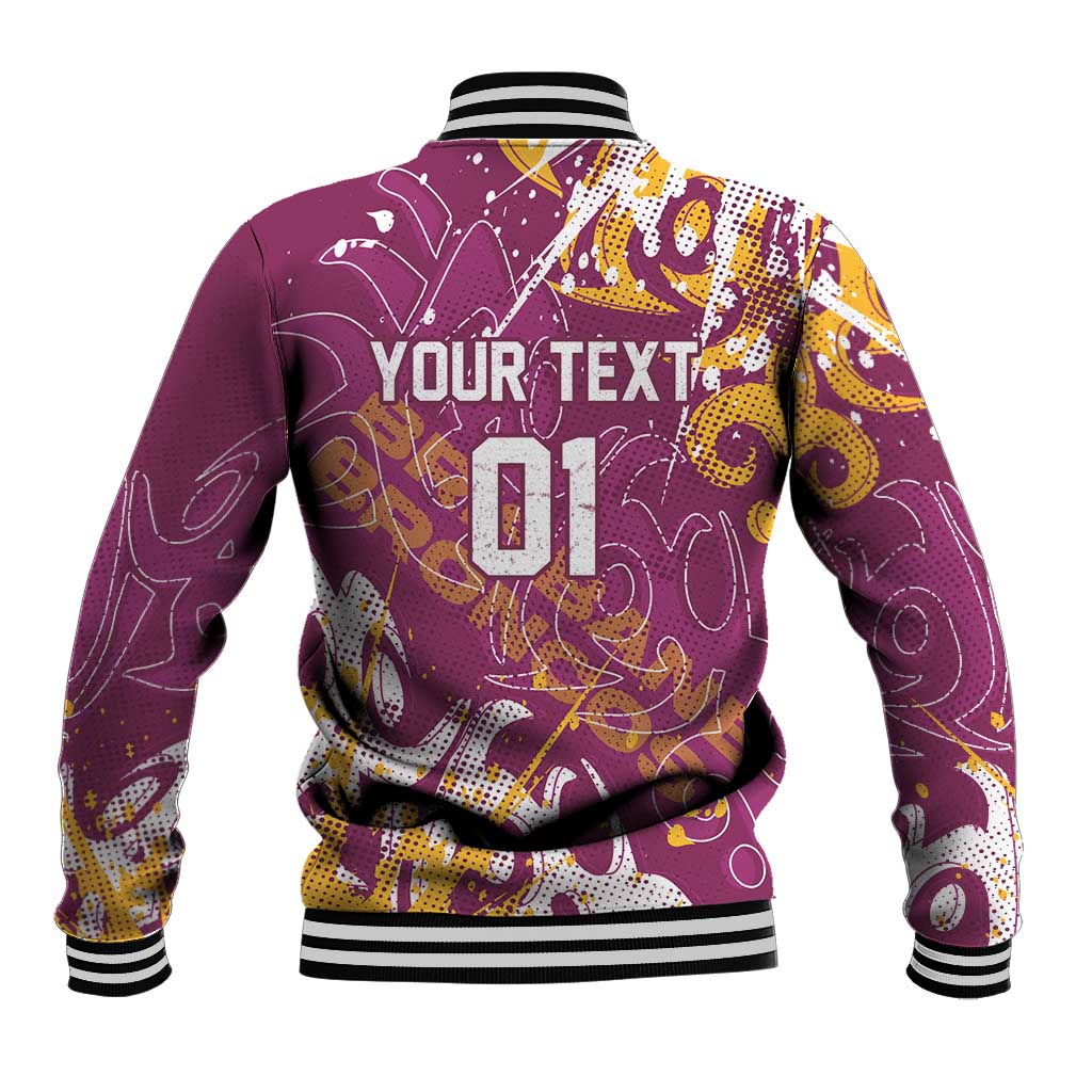 Personalized Brisbane Broncos Rugby Baseball Jacket Urban Street Graffiti Style - Distressed Splatter Elements