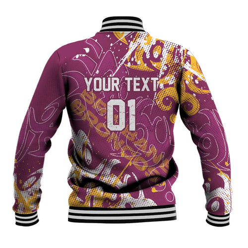 Personalized Brisbane Broncos Rugby Baseball Jacket Urban Street Graffiti Style - Distressed Splatter Elements